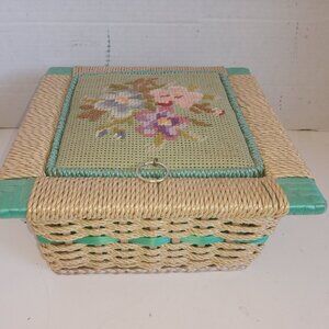 Vintage BELDING CORTICELLI Wicker Sewing Box Needlepoint Lid Satin Lining